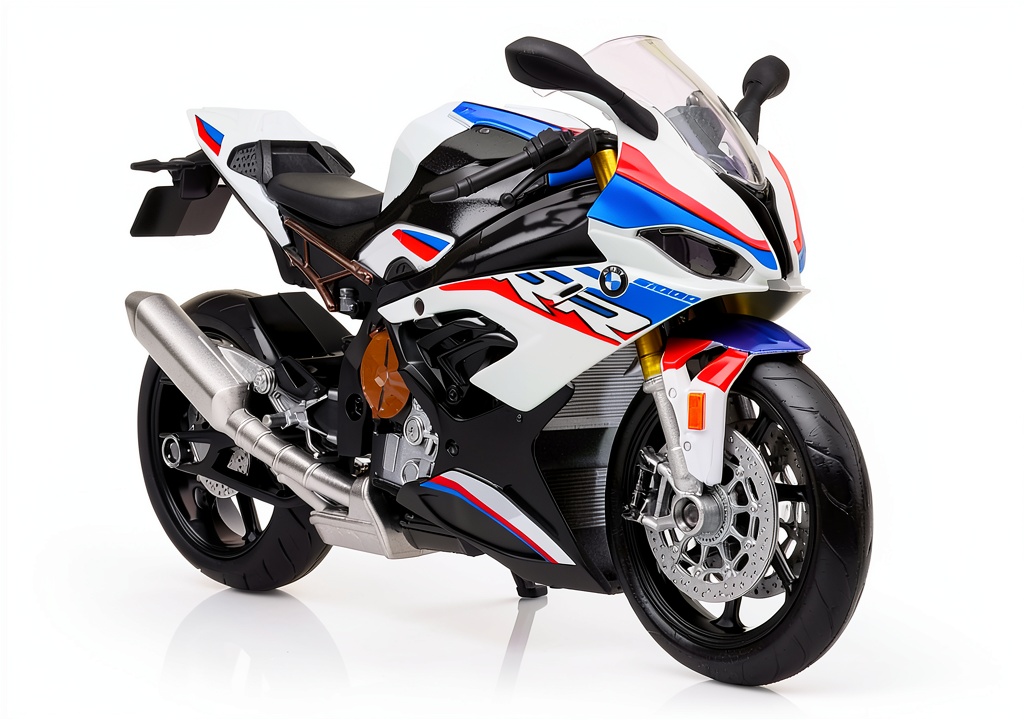 TOKAXI BMW toy motorcycle displayed on a table with detailed close-up of zinc alloy parts