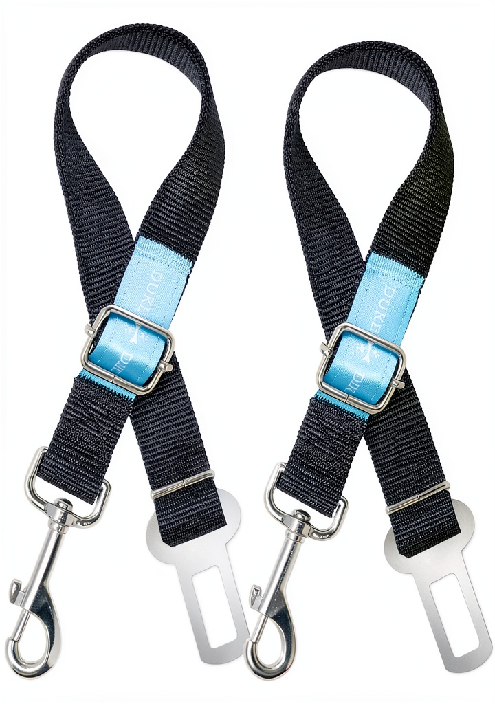 Duke Dixie dog car harness installed in vehicle seat belt slot