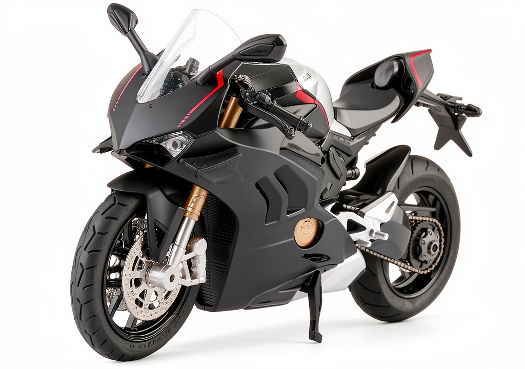 COOLPUR Ducati V4 motorcycle toy displayed on a table with detailed close-up